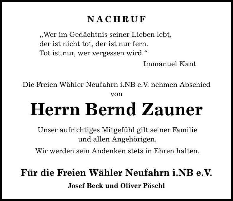 Traueranzeige Bernhard Zauner