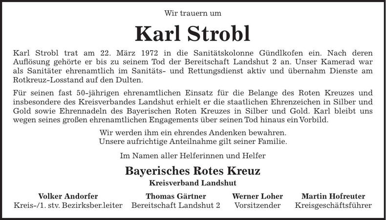 Traueranzeige Karl Strobl