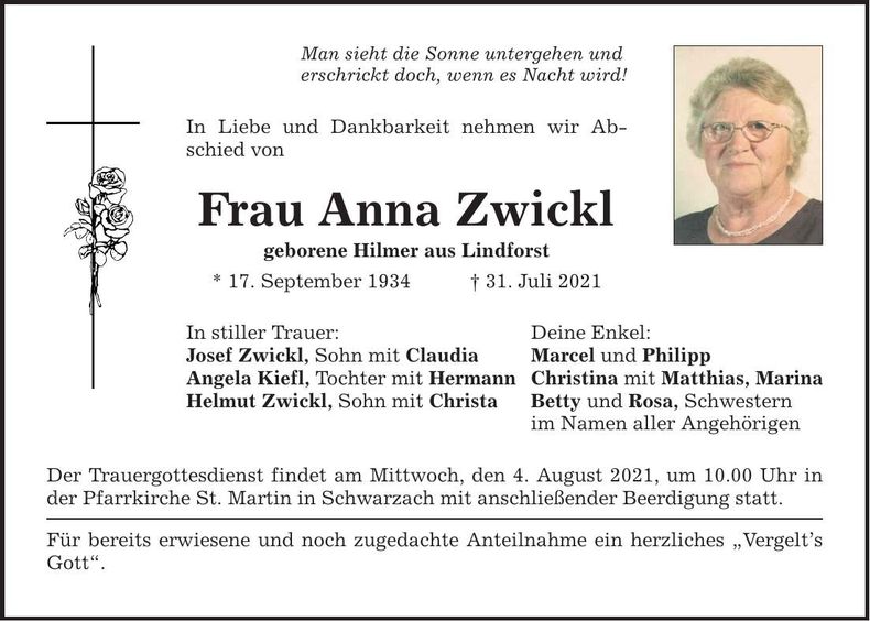 Traueranzeige Anna Zwickl