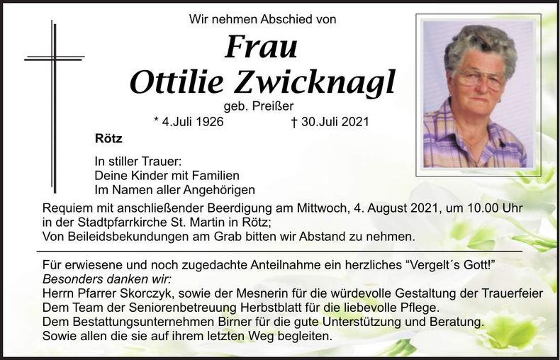 Traueranzeige Ottilie Zwicknagel