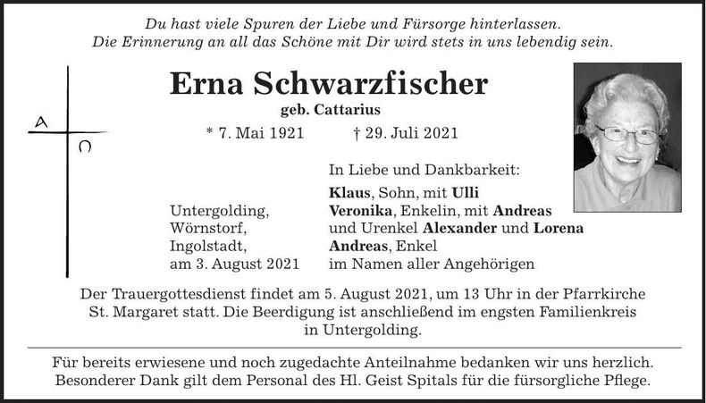 Traueranzeige Erna Schwarzfischer