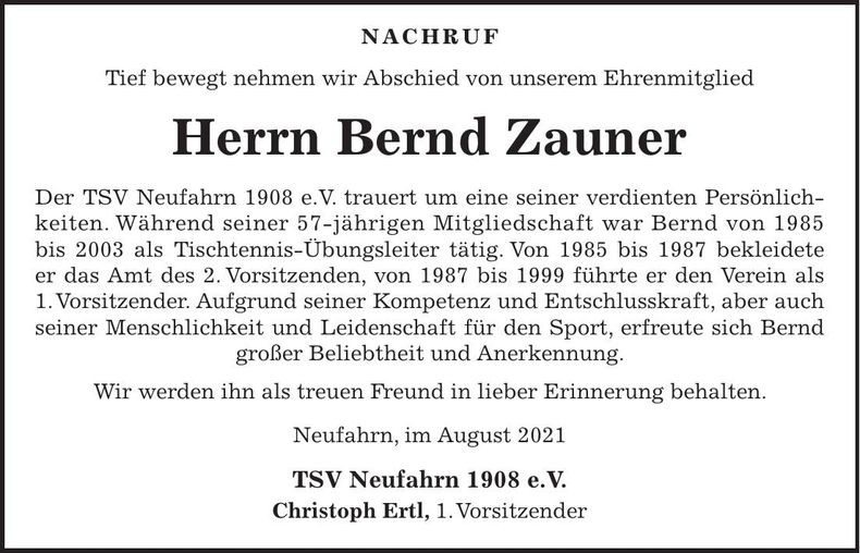 Traueranzeige Bernhard Zauner