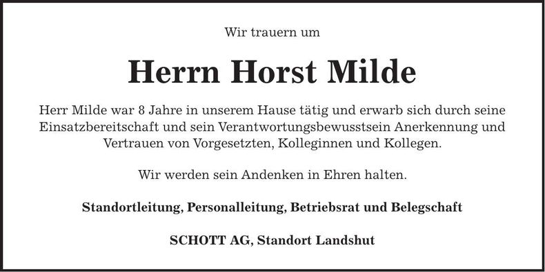 Traueranzeige Horst Milde