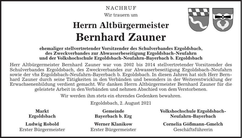 Traueranzeige Bernhard Zauner