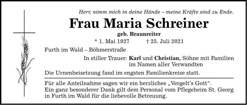 Traueranzeige Maria Schreiner