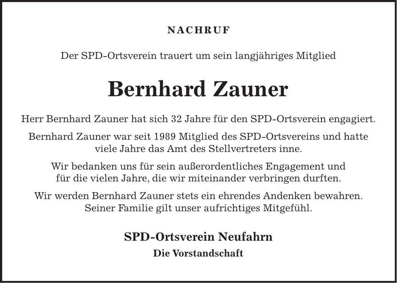 Traueranzeige Bernhard Zauner
