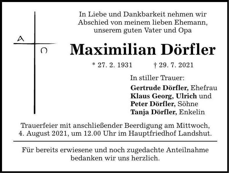 Traueranzeige Maximilian Dörfler