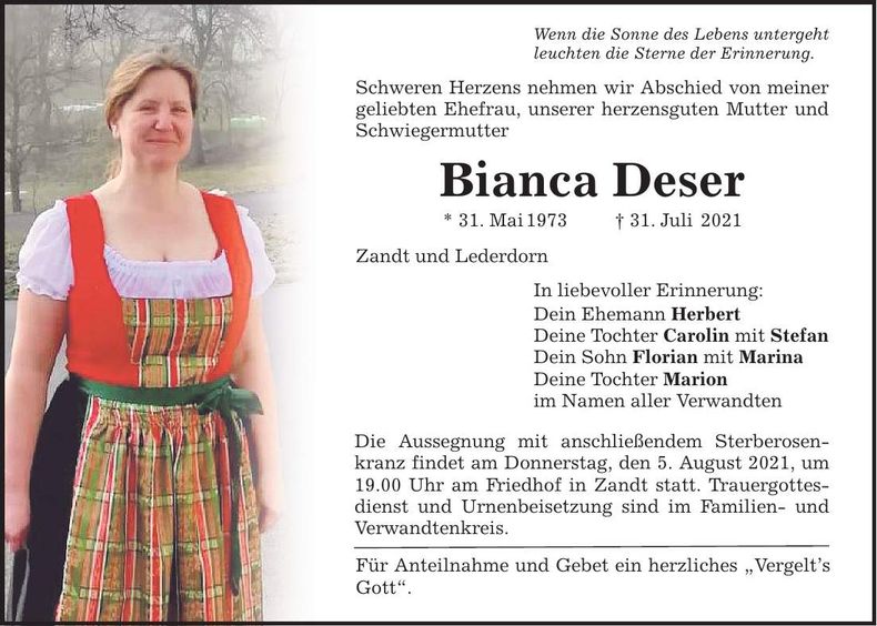 Traueranzeige Deser Bianca