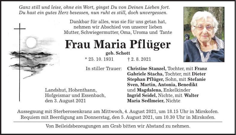 Traueranzeige Maria Pflüger