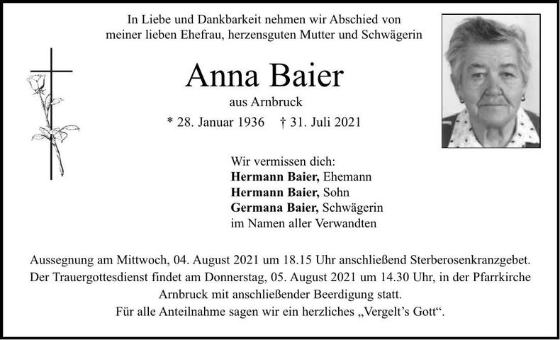 Traueranzeige Anna Baier