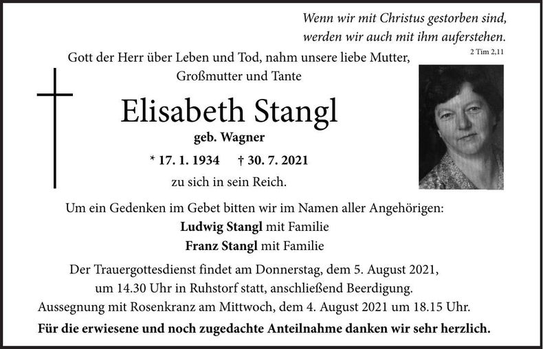 Traueranzeige Elisabeth Stangl