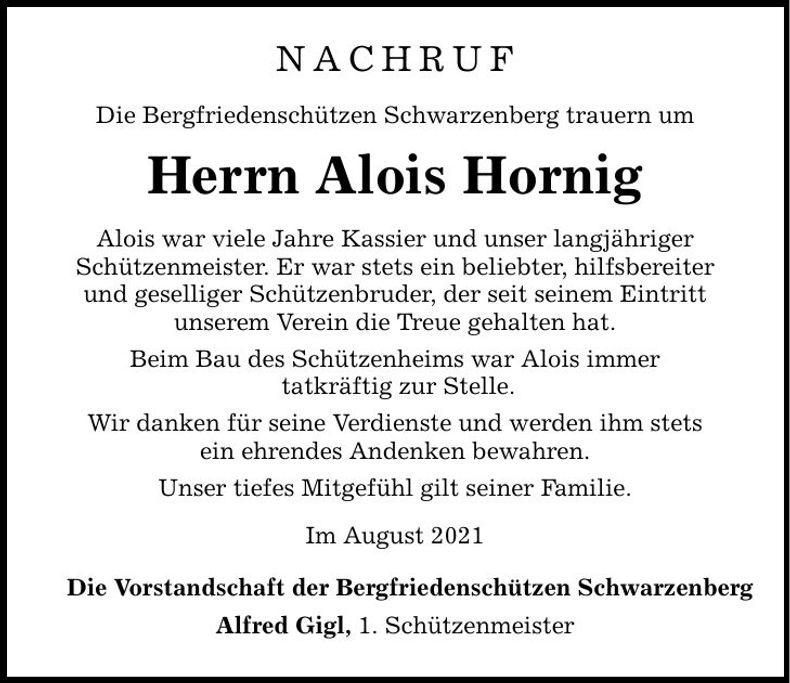 Traueranzeige Alois Hornig