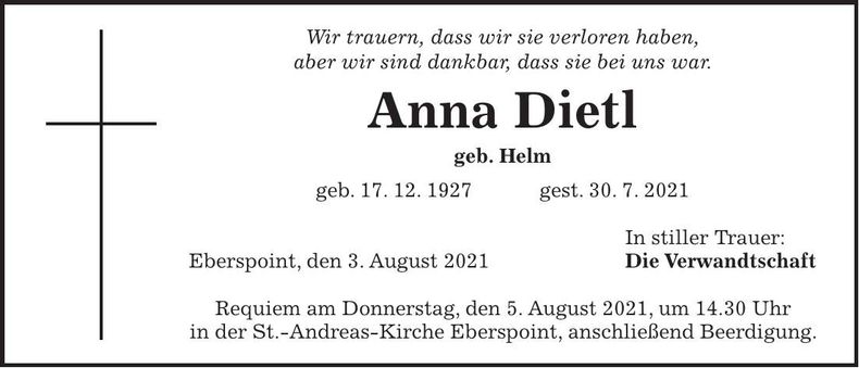 Traueranzeige Anna Dietl