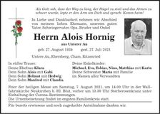 Traueranzeige Alois Hornig