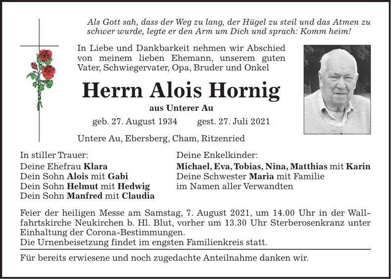 Traueranzeige Alois Hornig