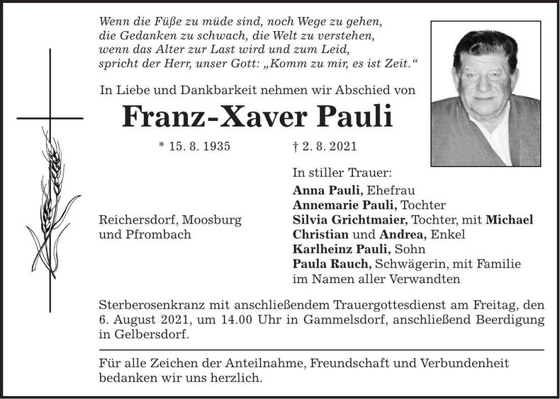 Traueranzeige Franz-Xaver Pauli