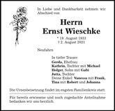 Traueranzeige Ernst Wieschke