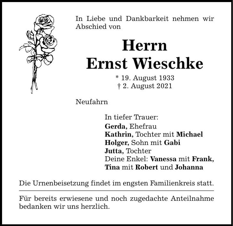 Traueranzeige Ernst Wieschke