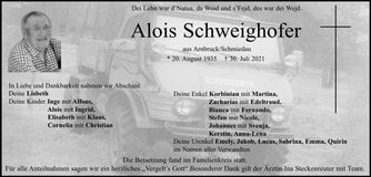 Traueranzeige Schweighofer Alois