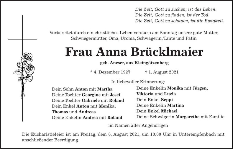 Traueranzeige Anna Brücklmaier