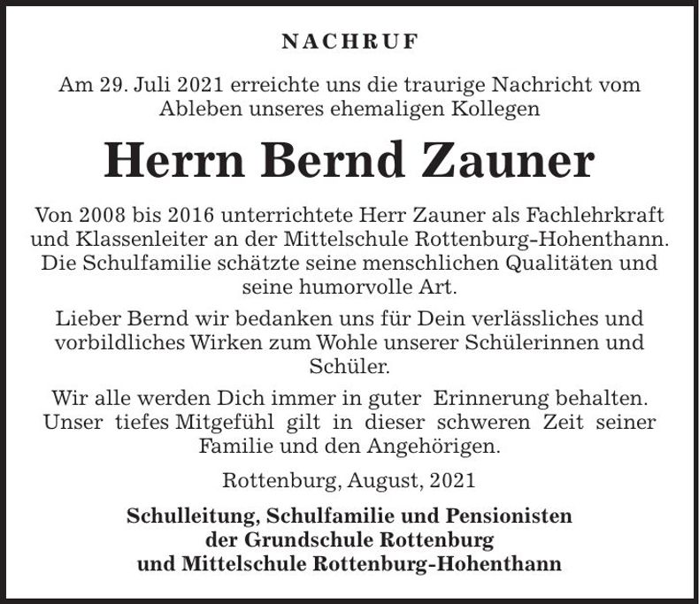 Traueranzeige Bernd Zauner