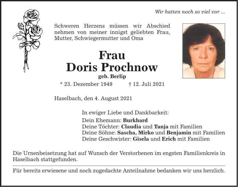 Traueranzeige Doris Prochnow