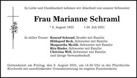 Traueranzeige Schraml Marianne