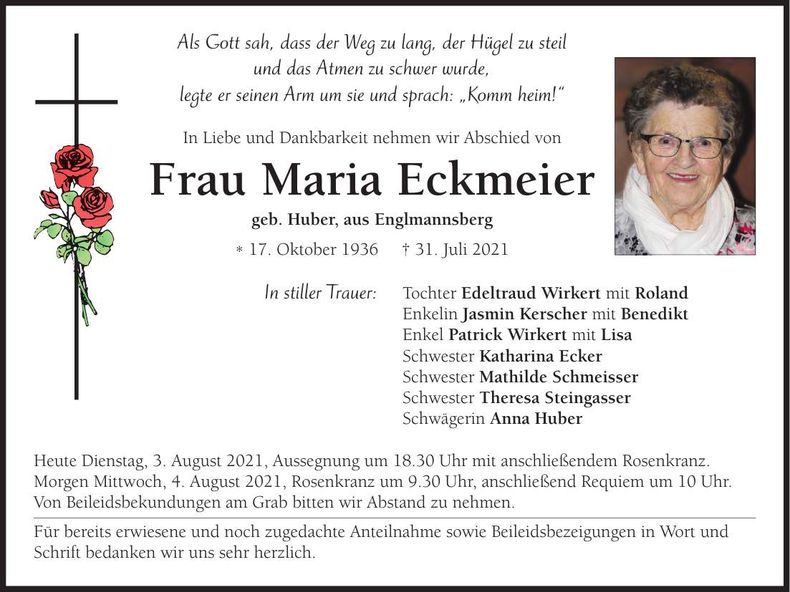 Traueranzeige Maria Eckmeier