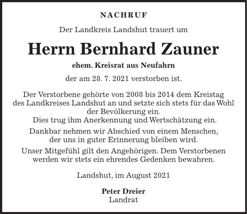 Traueranzeige Bernhard Zauner