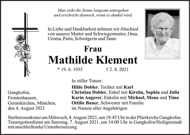 Traueranzeige Mathilde Klement