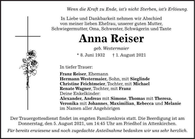 Traueranzeige Anna Reiser