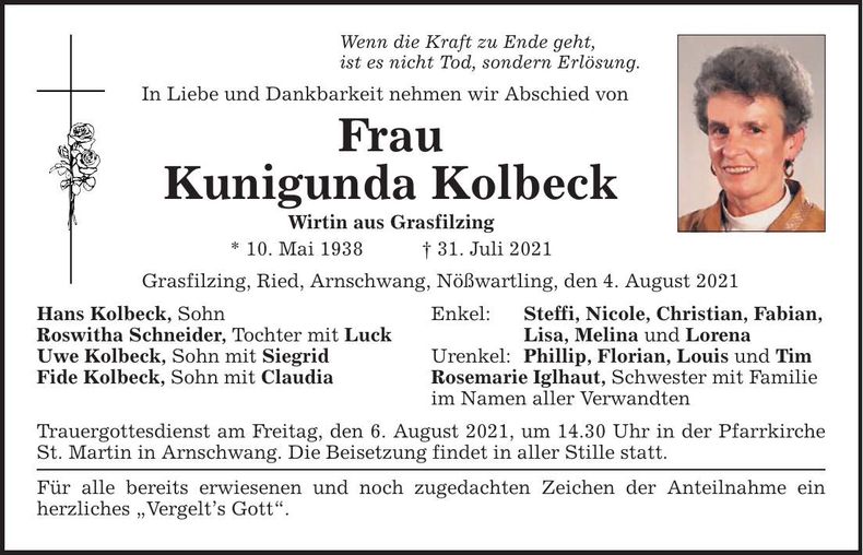 Traueranzeige Kunigunda Kolbeck