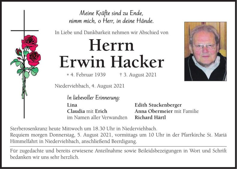 Traueranzeige Erwin Hacker