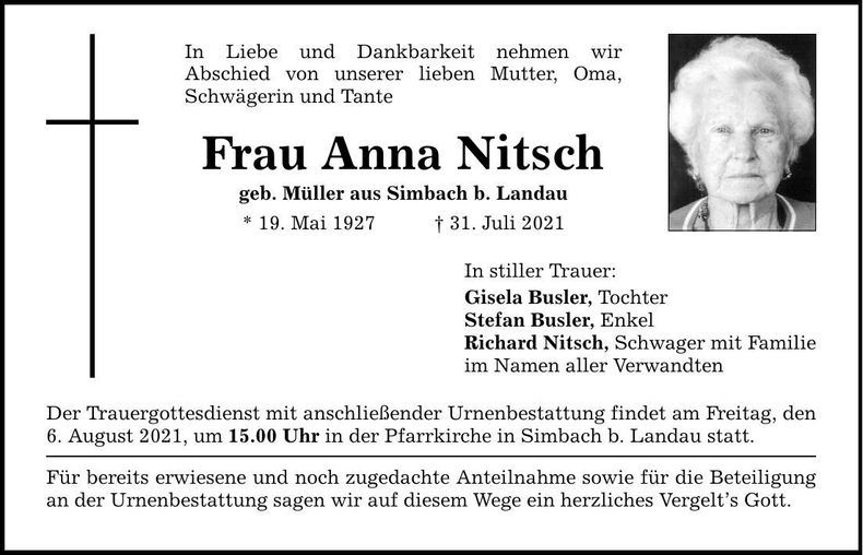 Traueranzeige Anna Nitsch