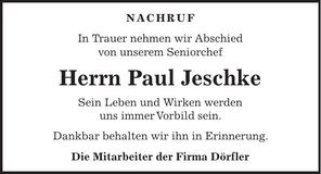 Traueranzeige Paul Jeschke