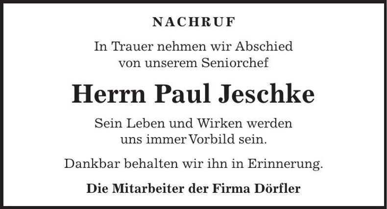 Traueranzeige Paul Jeschke