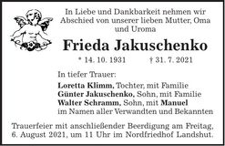 Traueranzeige Frieda Jakuschenko