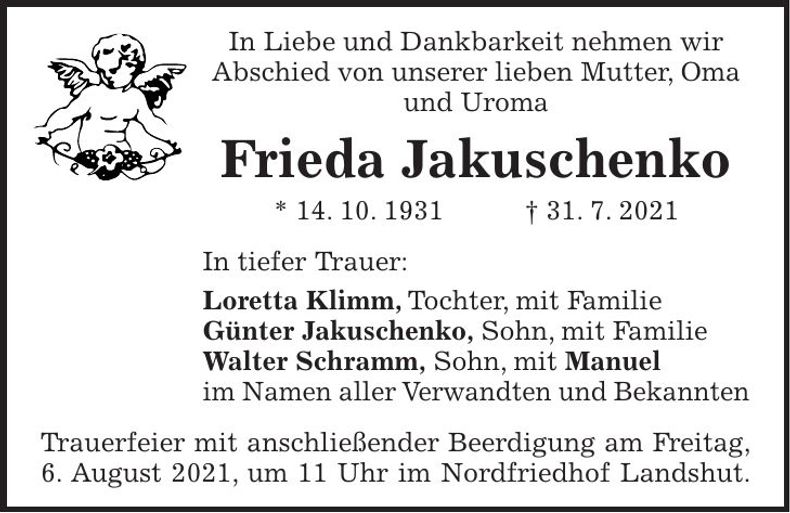 Traueranzeige Frieda Jakuschenko