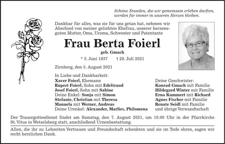 Traueranzeige Berta Foierl