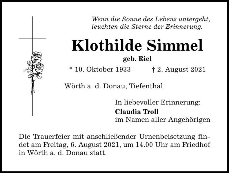 Traueranzeige Klothilde Simmel