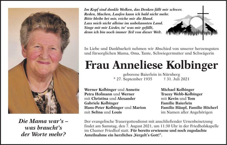 Traueranzeige Margarete Kolbinger