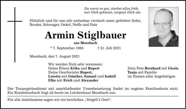 Traueranzeige Stiglbauer Armin