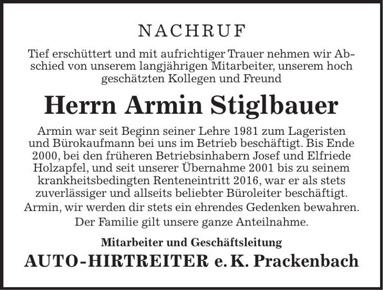 Traueranzeige Armin Stiglbauer