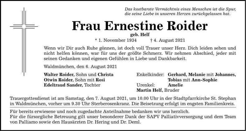 Traueranzeige Ernstine Roider