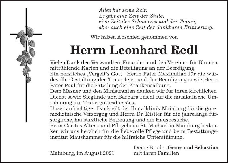 Traueranzeige Leonhard Redl