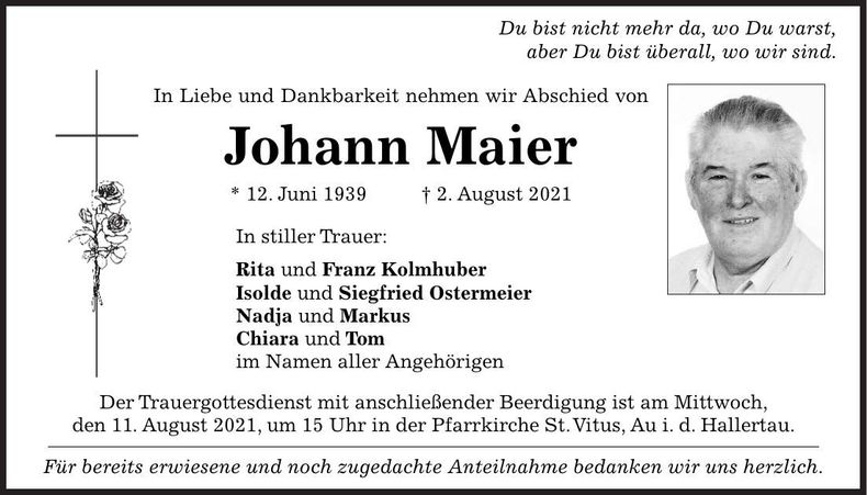 Traueranzeige Johann Maier