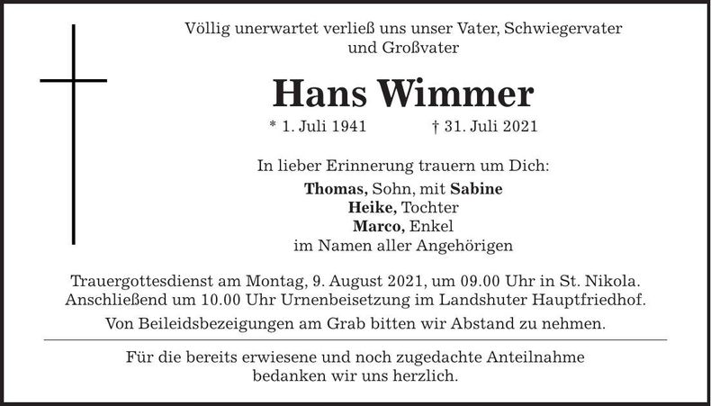 Traueranzeige Hans Wimmer