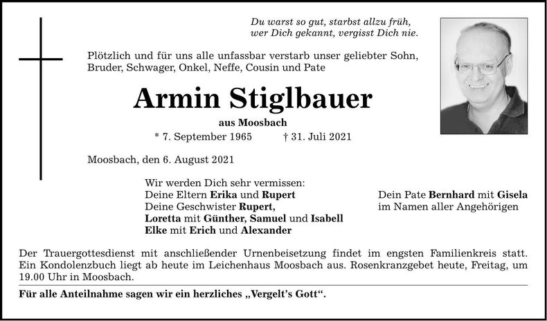 Traueranzeige Stiglbauer Armin