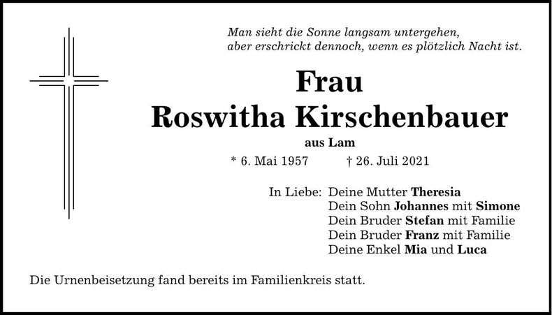 Traueranzeige Roswitha Kirschenbauer