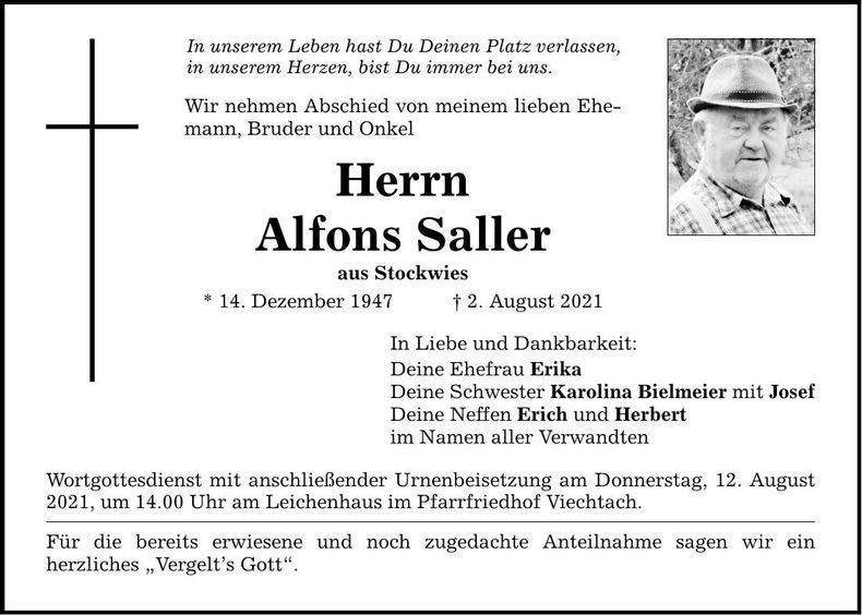 Traueranzeige Saller Alfons